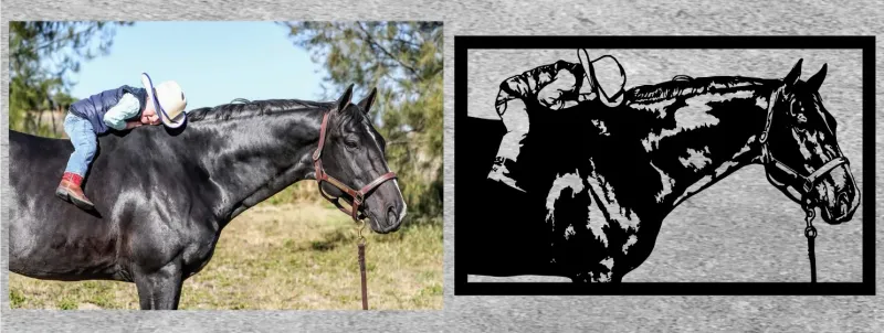 Customer photo beside its cut steel horse recreation