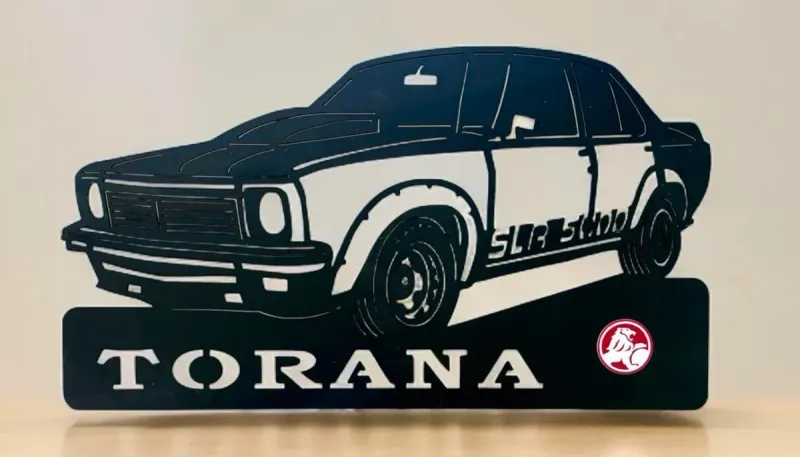 SLR Torana (laser etched acrylic logos) metal sign by Rock DeSigns
