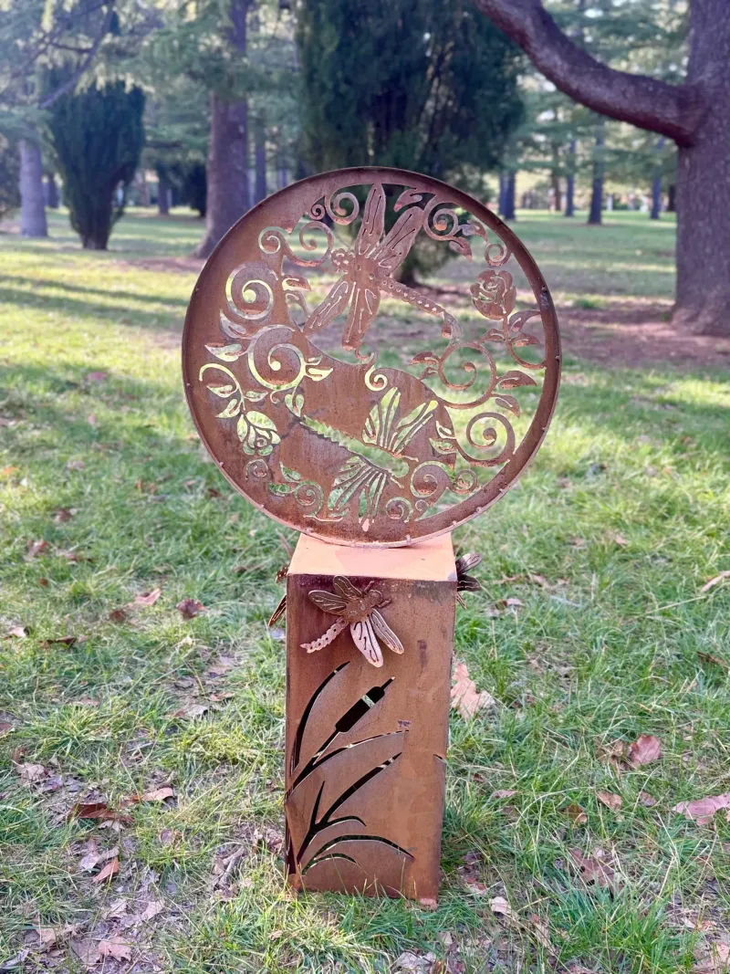 Corten Steel Dragonfly Plinth garden sculpture