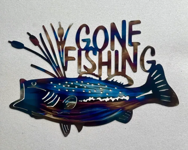 Gone Fishing 3 (heat-treated Australian steel) metal sign by Rock DeSigns
