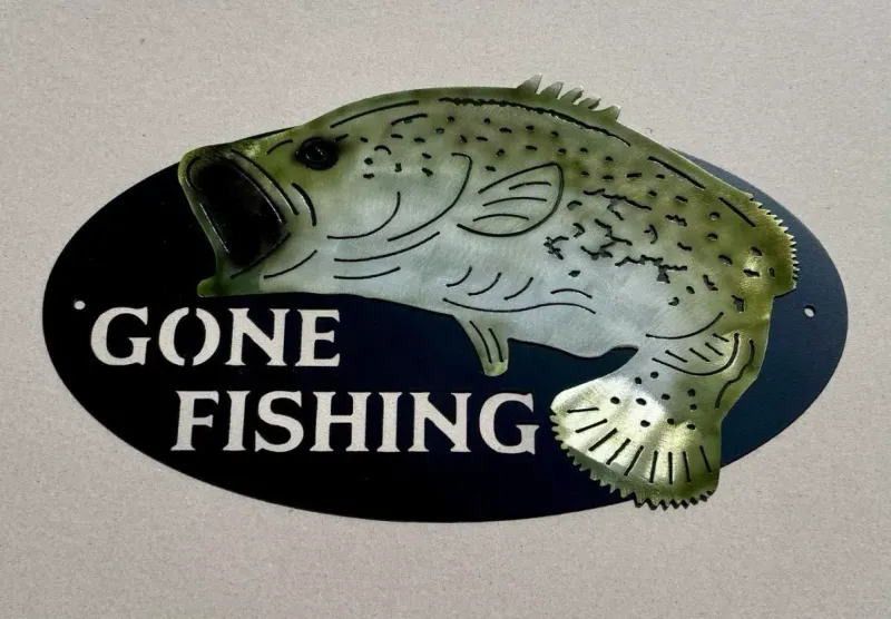 Gone Fishing 4 (hand painted Murray cod overlay, auto candy paints) metal sign by Rock DeSigns