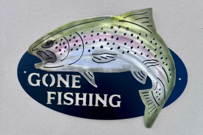 Gone Fishing 5 (hand painted trout overlay, auto candy paints) metal sign by Rock DeSigns
