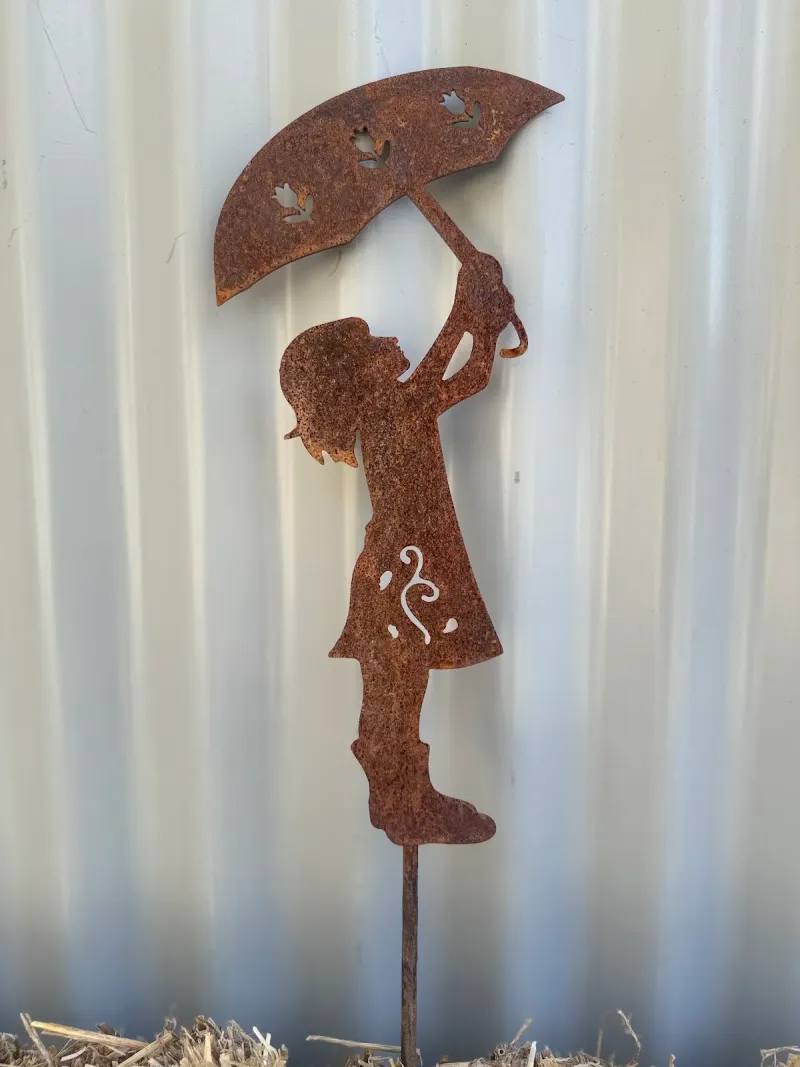 Girl with Umbrella Australian Corten steel garden stake by Rock DeSigns