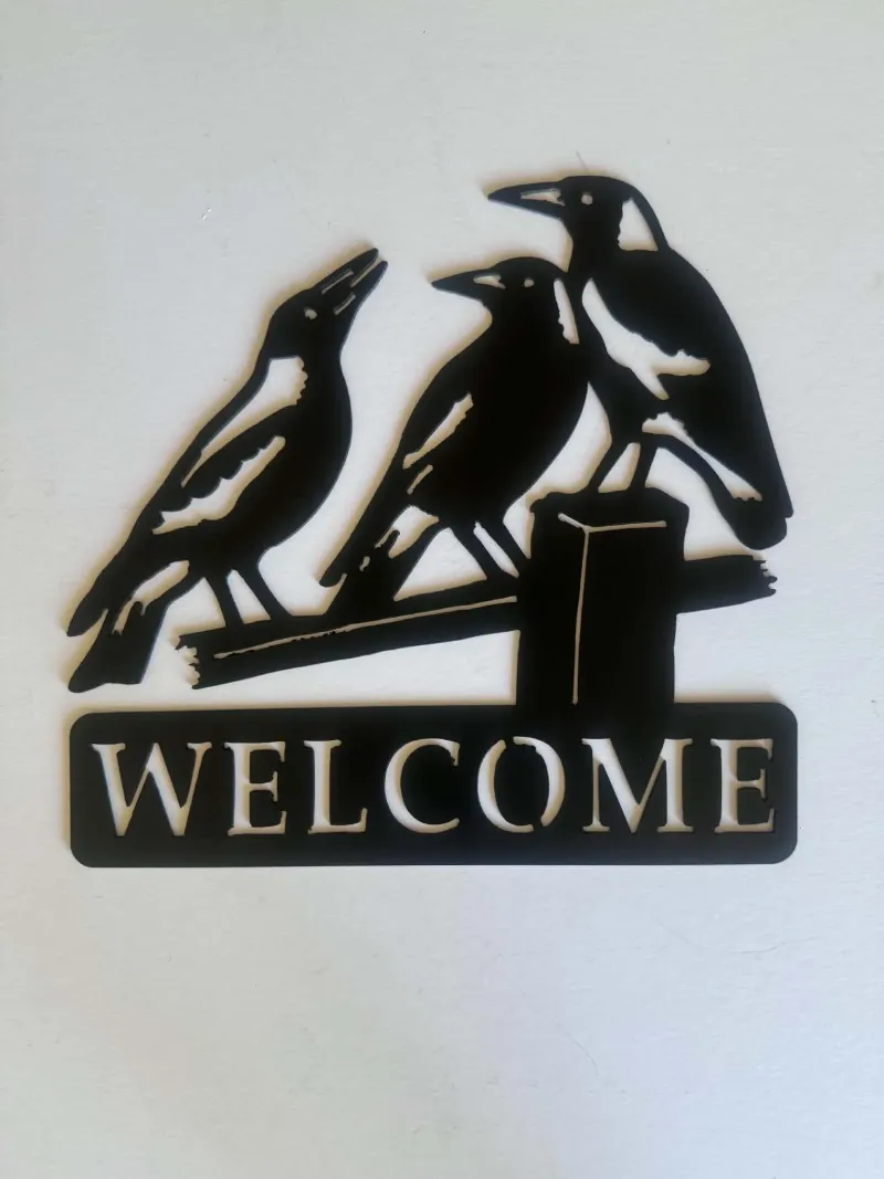 Magpies on Post Welcome metal sign by Rock DeSigns