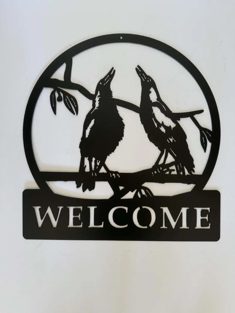 Two Magpies Welcome metal sign by Rock DeSigns