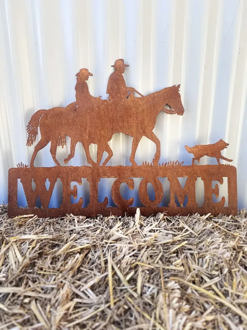 Horse Riders & Dog (corten steel, rusty finish) metal sign by Rock DeSigns