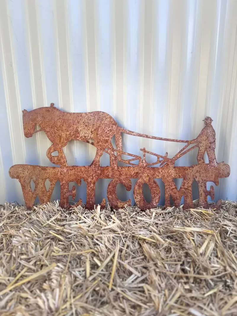 Horse and Plough (corten steel, rusty finish) metal sign by Rock DeSigns